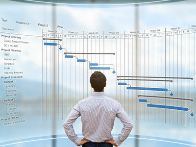 Businessman looking at large project Gantt chart